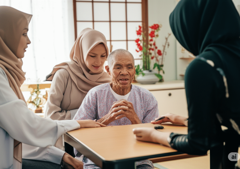 Seorang pekerja perawatan Indonesia berhijab sedang berinteraksi dengan seorang lansia Jepang di sebuah ruangan dengan elemen tradisional Jepang.