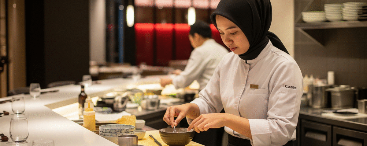 Seorang wanita muda beretnis Jawa Barat mengenakan hijab, bekerja di belakang konter restoran Jepang modern.
