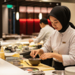Seorang wanita muda beretnis Jawa Barat mengenakan hijab, bekerja di belakang konter restoran Jepang modern.