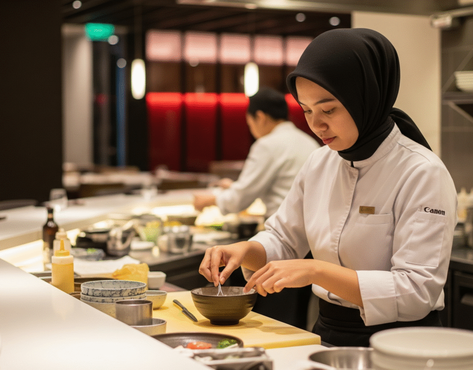 Seorang wanita muda beretnis Jawa Barat mengenakan hijab, bekerja di belakang konter restoran Jepang modern.