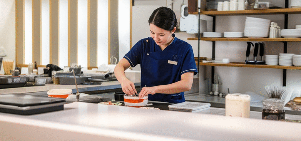 Seorang wanita muda fokus menyiapkan makanan di dapur restoran Jepang yang bersih dan modern.