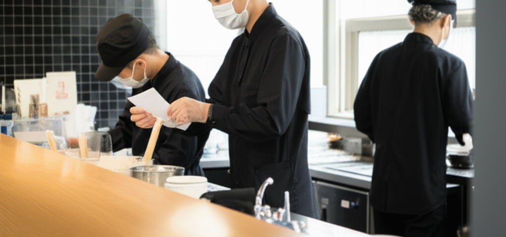 Tiga pekerja dengan seragam hitam dan masker sedang bekerja di dapur komersial yang bersih, salah satunya memegang kertas seperti sedang membaca instruksi atau resep.