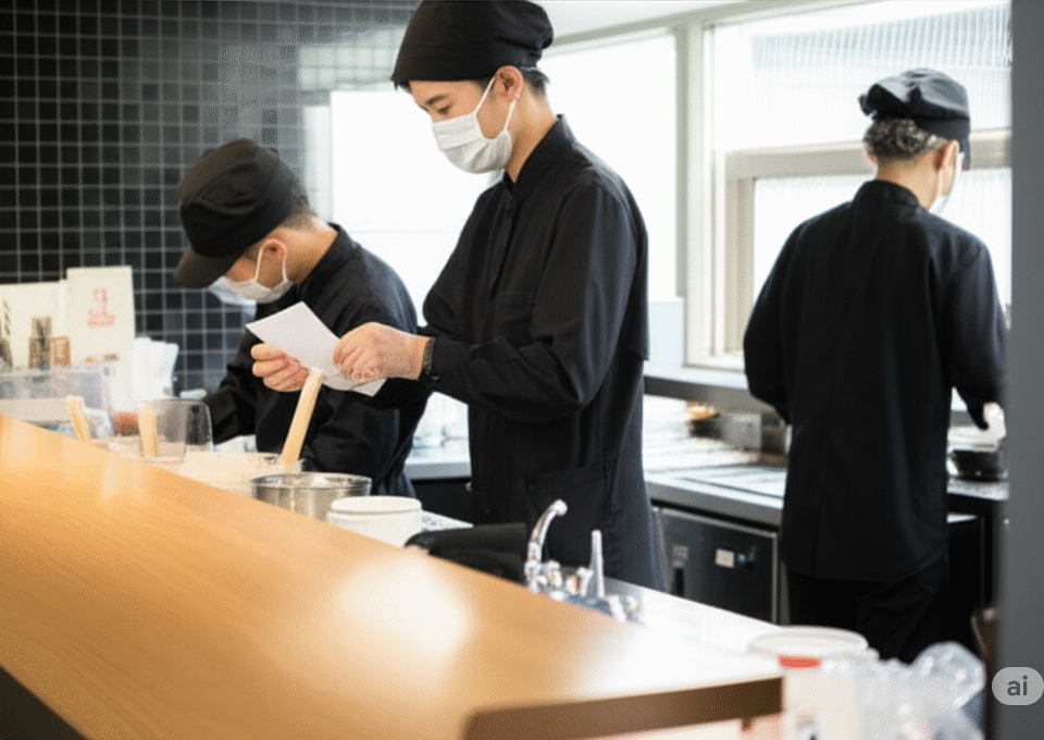 Tiga pekerja dengan seragam hitam dan masker sedang bekerja di dapur komersial yang bersih, salah satunya memegang kertas seperti sedang membaca instruksi atau resep.