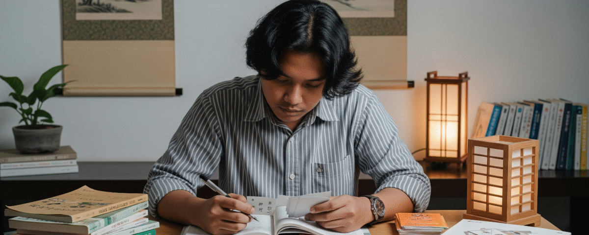 Alt Text: Seorang pemuda Indonesia sedang belajar dengan tekun menggunakan buku teks dan kartu flash bahasa Jepang di meja belajarnya.