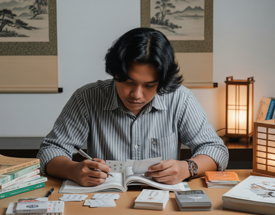 Alt Text: Seorang pemuda Indonesia sedang belajar dengan tekun menggunakan buku teks dan kartu flash bahasa Jepang di meja belajarnya.