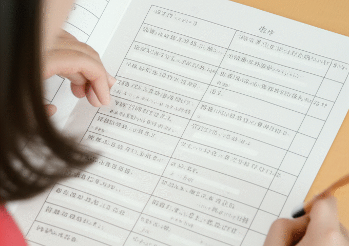 Tangan seorang wanita sedang mengisi lembar ujian bahasa Jepang di atas meja.