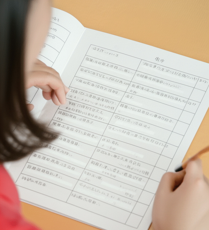 Tangan seorang wanita sedang mengisi lembar ujian bahasa Jepang di atas meja.