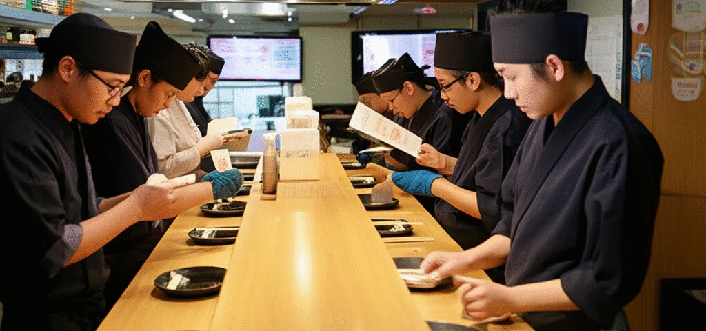 Suasana sibuk di dalam restoran Jepang di Tokyo dengan beberapa staf sedang menyiapkan makanan di sepanjang konter.