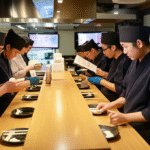 Suasana sibuk di dalam restoran Jepang di Tokyo dengan beberapa staf sedang menyiapkan makanan di sepanjang konter.