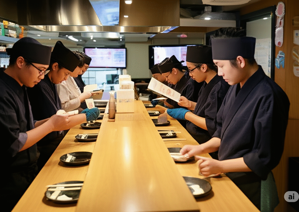 Suasana sibuk di dalam restoran Jepang di Tokyo dengan beberapa staf sedang menyiapkan makanan di sepanjang konter.