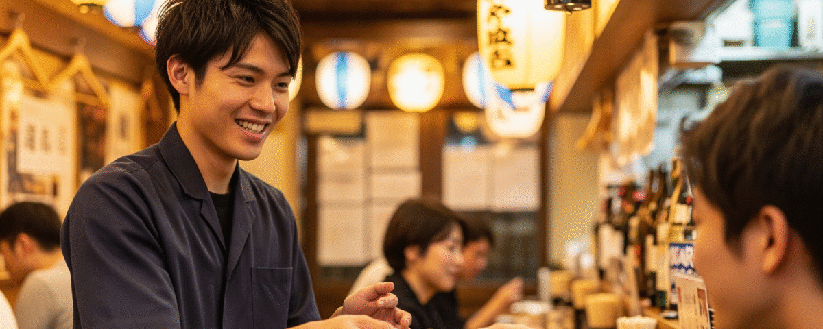 Seorang staf pria muda tersenyum ramah saat melayani pelanggan di sebuah Izakaya yang ramai di Tokyo.