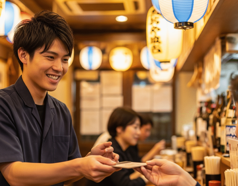 Seorang staf pria muda tersenyum ramah saat melayani pelanggan di sebuah Izakaya yang ramai di Tokyo.