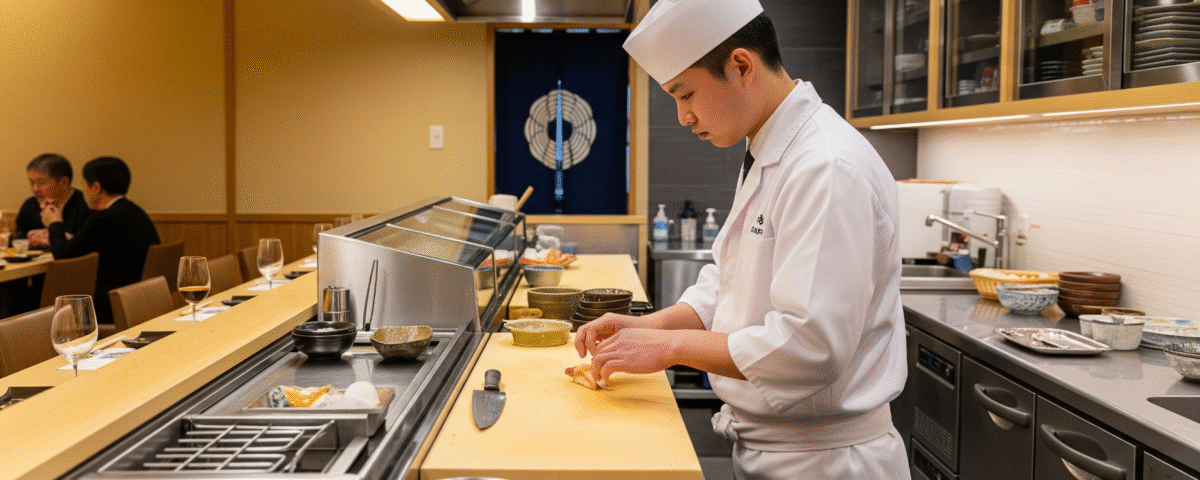 Seorang koki sushi muda terampil sedang menyiapkan sushi di balik konter sushi yang bersih di sebuah restoran di Tokyo.