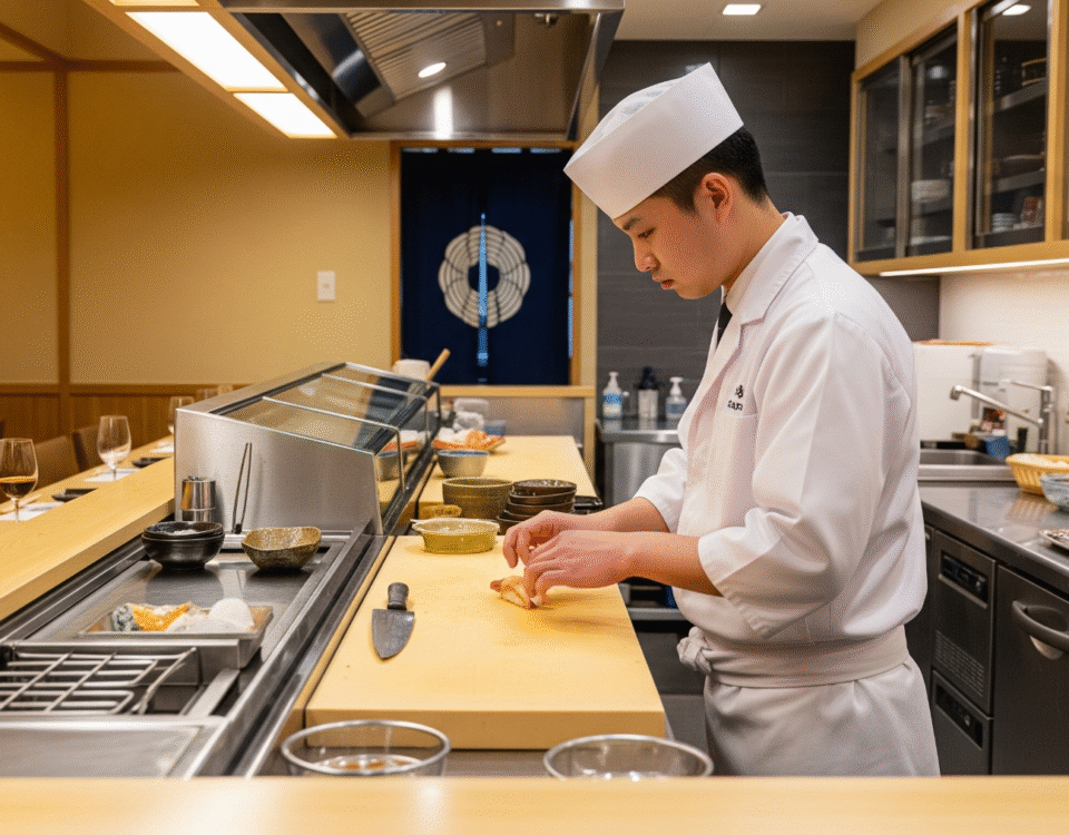 Seorang koki sushi muda terampil sedang menyiapkan sushi di balik konter sushi yang bersih di sebuah restoran di Tokyo.
