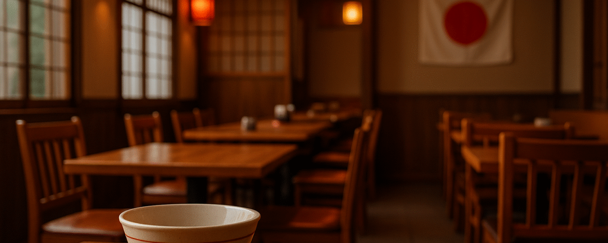 Interior restoran Jepang tanpa manusia dengan aksen merah di lampu gantung dan bendera Jepang, menyoroti semangat bertumbuhnya peserta visa Tokutei Ginou sektor restoran asal Indonesia; sudut pandang meja makan unik, simbol peluang kerja baru di Jepang.