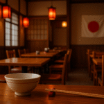 Interior restoran Jepang tanpa manusia dengan aksen merah di lampu gantung dan bendera Jepang, menyoroti semangat bertumbuhnya peserta visa Tokutei Ginou sektor restoran asal Indonesia; sudut pandang meja makan unik, simbol peluang kerja baru di Jepang.