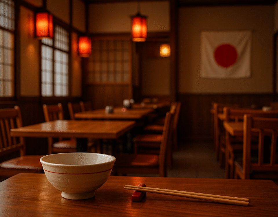 Interior restoran Jepang tanpa manusia dengan aksen merah di lampu gantung dan bendera Jepang, menyoroti semangat bertumbuhnya peserta visa Tokutei Ginou sektor restoran asal Indonesia; sudut pandang meja makan unik, simbol peluang kerja baru di Jepang.