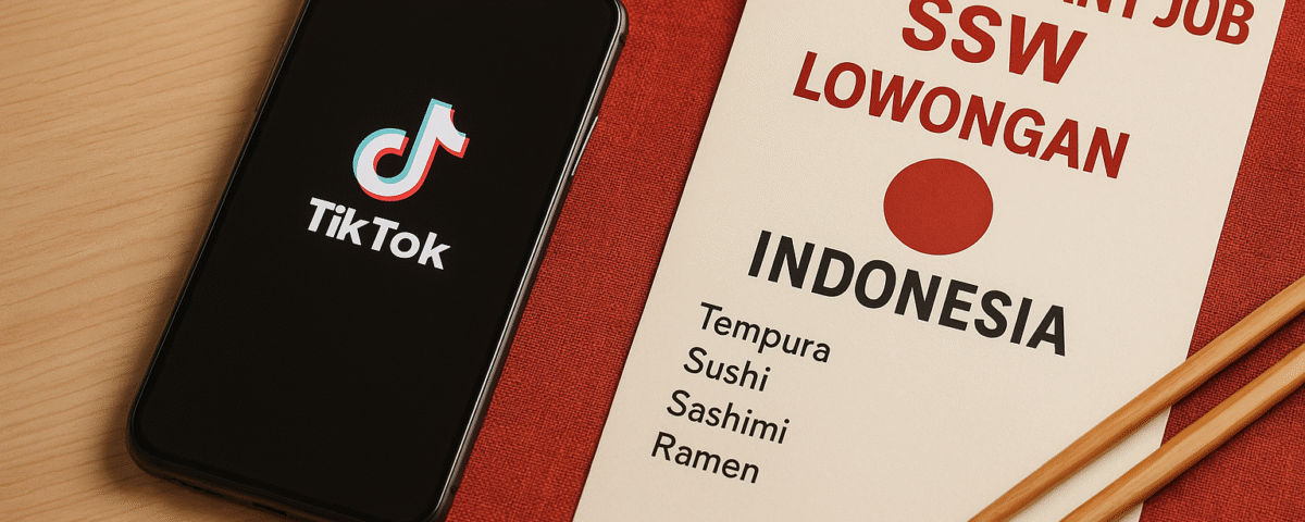 Digital fotografi realistik yang menampilkan suasana rekrutmen lowongan SSW restoran Jepang bagi WNI, dengan smartphone menampilkan aplikasi TikTok, di samping kartu menu rekrutmen bergaya Jepang di atas alas merah, tanpa kehadiran manusia, warna dominan kayu dan aksen merah.