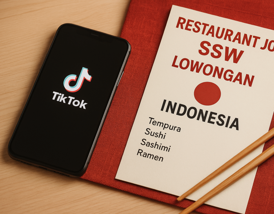 Digital fotografi realistik yang menampilkan suasana rekrutmen lowongan SSW restoran Jepang bagi WNI, dengan smartphone menampilkan aplikasi TikTok, di samping kartu menu rekrutmen bergaya Jepang di atas alas merah, tanpa kehadiran manusia, warna dominan kayu dan aksen merah.