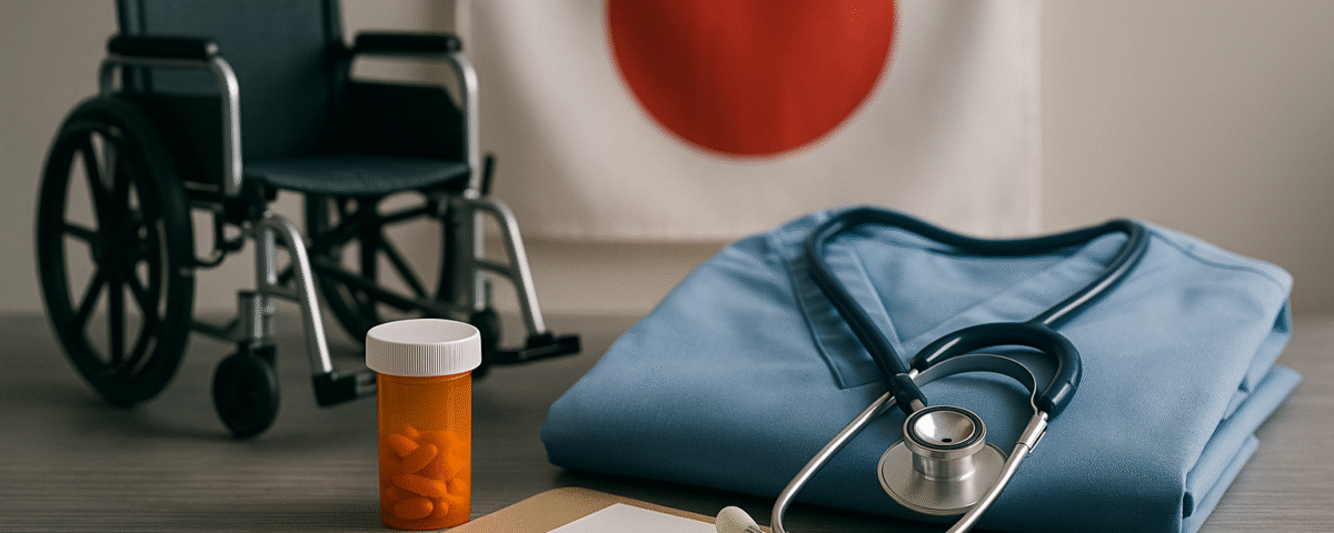 Ilustrasi realistis perlengkapan perawatan lansia di Jepang: kursi roda, seragam caregiver, stetoskop, obat, dan clipboard di meja berlatar bendera Jepang. Visual ini menyoroti isu kekurangan caregiver di Jepang serta solusi rekrutmen tenaga kerja asing dengan skema Tokutei Ginou.