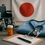 Ilustrasi realistis perlengkapan perawatan lansia di Jepang: kursi roda, seragam caregiver, stetoskop, obat, dan clipboard di meja berlatar bendera Jepang. Visual ini menyoroti isu kekurangan caregiver di Jepang serta solusi rekrutmen tenaga kerja asing dengan skema Tokutei Ginou.