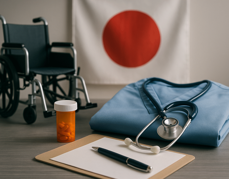 Ilustrasi realistis perlengkapan perawatan lansia di Jepang: kursi roda, seragam caregiver, stetoskop, obat, dan clipboard di meja berlatar bendera Jepang. Visual ini menyoroti isu kekurangan caregiver di Jepang serta solusi rekrutmen tenaga kerja asing dengan skema Tokutei Ginou.
