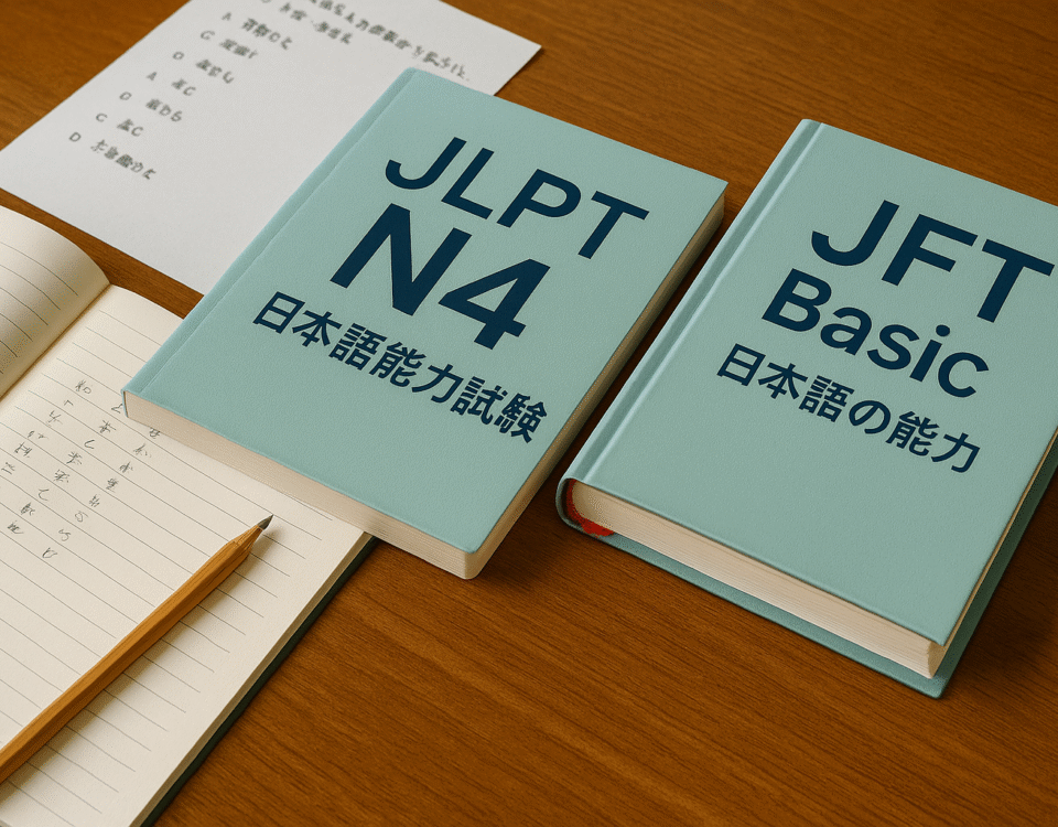 Fotografi realistik materi belajar untuk tes JLPT N4 dan JFT Basic: buku teks, catatan bahasa Jepang, pensil, dan lembar latihan ujian di atas meja kayu hangat dengan aksen merah. Gambar ini memvisualisasikan persiapan tes JLPT N4 JFT Basic kerja Jepang dengan nuansa modern dan unik.