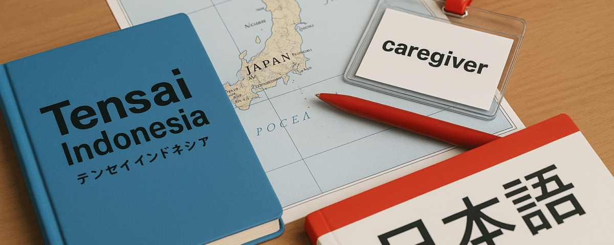 Feature image lowongan SSW caregiver di Jepang: buku Tensai Indonesia, peta Jepang, ID badge caregiver, buku bahasa Jepang dan pulpen merah di atas meja kayu, tanpa manusia, visual unik dan profesional, mewakili peluang kerja SSW caregiver dari Karawang ke Jepang.