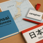 Feature image lowongan SSW caregiver di Jepang: buku Tensai Indonesia, peta Jepang, ID badge caregiver, buku bahasa Jepang dan pulpen merah di atas meja kayu, tanpa manusia, visual unik dan profesional, mewakili peluang kerja SSW caregiver dari Karawang ke Jepang.