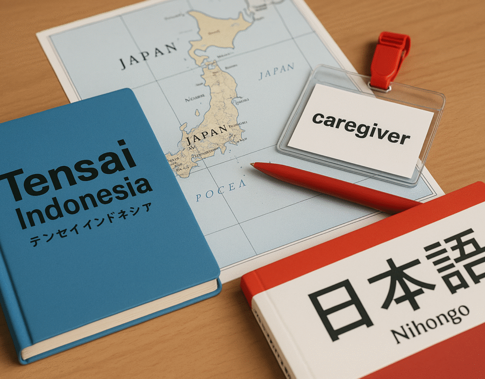 Feature image lowongan SSW caregiver di Jepang: buku Tensai Indonesia, peta Jepang, ID badge caregiver, buku bahasa Jepang dan pulpen merah di atas meja kayu, tanpa manusia, visual unik dan profesional, mewakili peluang kerja SSW caregiver dari Karawang ke Jepang.