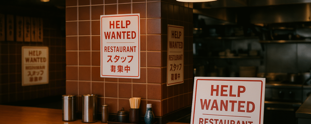 Interior restoran Jepang tanpa manusia dengan suasana hangat, menampilkan area dapur terbuka, counter kayu, papan lowongan kerja "HELP WANTED" beraksen merah sebagai visualisasi loker restoran Tokutei Ginou Indonesia; nuansa unik, realistik, dan khas industri restoran Jepang.