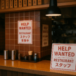 Interior restoran Jepang tanpa manusia dengan suasana hangat, menampilkan area dapur terbuka, counter kayu, papan lowongan kerja "HELP WANTED" beraksen merah sebagai visualisasi loker restoran Tokutei Ginou Indonesia; nuansa unik, realistik, dan khas industri restoran Jepang.
