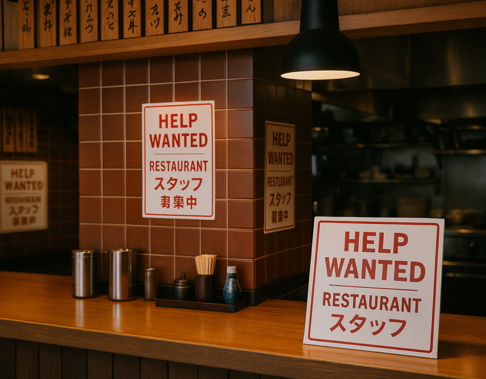Interior restoran Jepang tanpa manusia dengan suasana hangat, menampilkan area dapur terbuka, counter kayu, papan lowongan kerja "HELP WANTED" beraksen merah sebagai visualisasi loker restoran Tokutei Ginou Indonesia; nuansa unik, realistik, dan khas industri restoran Jepang.
