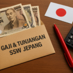 Ilustrasi amplop bertuliskan "Gaji & Tunjangan SSW Jepang" berisi lembaran uang yen Jepang, dengan bendera Jepang, kalkulator, dan pena merah di atas meja kayu. Gambar ini menggambarkan fakta gaji dan tunjangan SSW Jepang untuk sektor caregiver dan restoran, menonjolkan tema keuangan pekerja asing di Jepang.