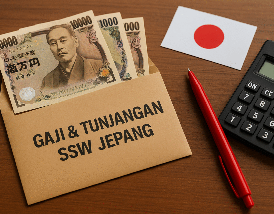Ilustrasi amplop bertuliskan "Gaji & Tunjangan SSW Jepang" berisi lembaran uang yen Jepang, dengan bendera Jepang, kalkulator, dan pena merah di atas meja kayu. Gambar ini menggambarkan fakta gaji dan tunjangan SSW Jepang untuk sektor caregiver dan restoran, menonjolkan tema keuangan pekerja asing di Jepang.