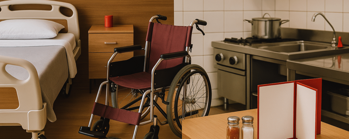 Perbedaan jalur TITP dan Tokutei Ginou bidang caregiving dan restoran, digambarkan secara visual melalui sudut ruangan yang terbagi dua: sisi kiri menunjukkan suasana ruang perawatan lansia dengan tempat tidur rumah sakit dan kursi roda beraksen merah, sedangkan sisi kanan menggambarkan dapur restoran profesional lengkap dengan perlengkapan memasak, menu beraksen merah, serta detail kontras modern dan fungsional. Ilustrasi tanpa kehadiran manusia, menonjolkan perbedaan atmosfer kerja antara dua jalur ini secara realistik dan unik.