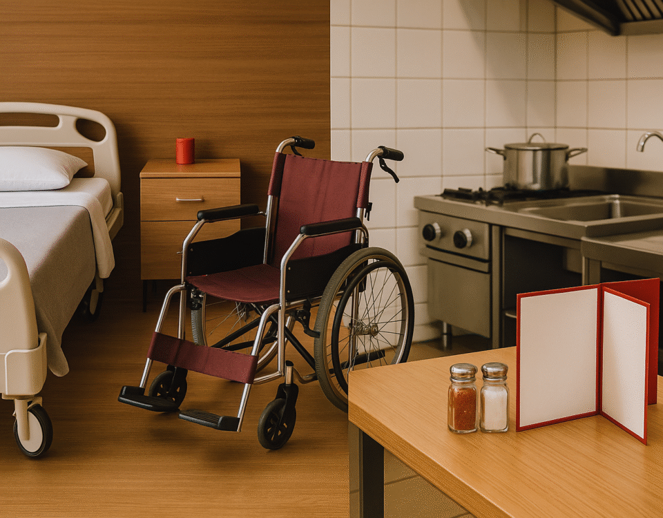 Perbedaan jalur TITP dan Tokutei Ginou bidang caregiving dan restoran, digambarkan secara visual melalui sudut ruangan yang terbagi dua: sisi kiri menunjukkan suasana ruang perawatan lansia dengan tempat tidur rumah sakit dan kursi roda beraksen merah, sedangkan sisi kanan menggambarkan dapur restoran profesional lengkap dengan perlengkapan memasak, menu beraksen merah, serta detail kontras modern dan fungsional. Ilustrasi tanpa kehadiran manusia, menonjolkan perbedaan atmosfer kerja antara dua jalur ini secara realistik dan unik.