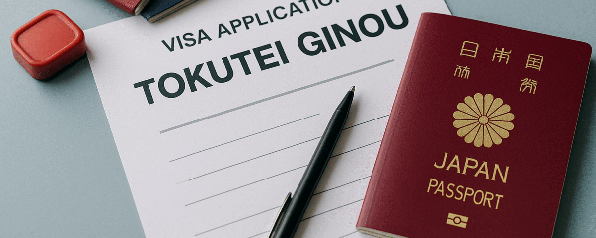 Ilustrasi realistik dokumen aplikasi visa Tokutei Ginou 2025, paspor Jepang beraksen merah, serta perlengkapan administrasi tanpa kehadiran manusia; menonjolkan tema utama syarat visa Tokutei Ginou 2025 dalam suasana profesional dan modern.