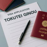 Ilustrasi realistik dokumen aplikasi visa Tokutei Ginou 2025, paspor Jepang beraksen merah, serta perlengkapan administrasi tanpa kehadiran manusia; menonjolkan tema utama syarat visa Tokutei Ginou 2025 dalam suasana profesional dan modern.