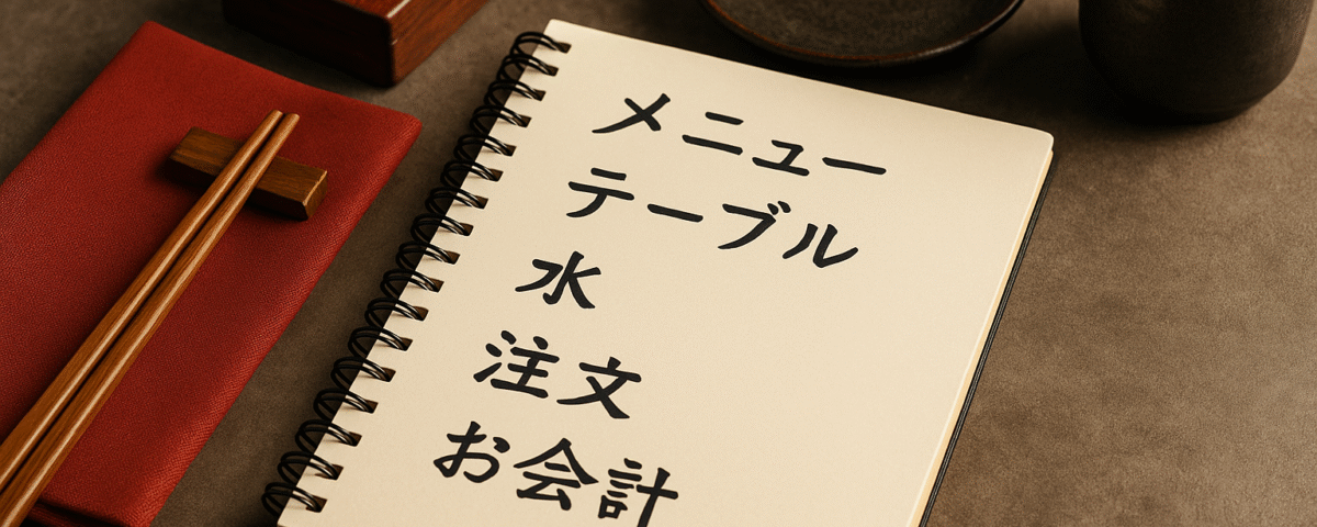 Meja restoran Jepang dengan notebook berisi daftar istilah bahasa Jepang untuk restoran seperti "menu", "air", dan "pesanan", dikelilingi sumpit kayu di atas serbet merah, piring dan cangkir keramik tanpa kehadiran manusia; visual unik, fotografi realistik, memperkuat nuansa istilah bahasa Jepang untuk restoran.