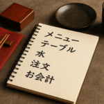 Meja restoran Jepang dengan notebook berisi daftar istilah bahasa Jepang untuk restoran seperti "menu", "air", dan "pesanan", dikelilingi sumpit kayu di atas serbet merah, piring dan cangkir keramik tanpa kehadiran manusia; visual unik, fotografi realistik, memperkuat nuansa istilah bahasa Jepang untuk restoran.