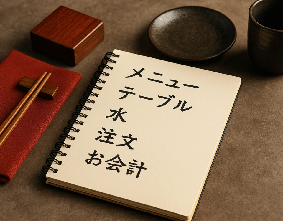 Meja restoran Jepang dengan notebook berisi daftar istilah bahasa Jepang untuk restoran seperti "menu", "air", dan "pesanan", dikelilingi sumpit kayu di atas serbet merah, piring dan cangkir keramik tanpa kehadiran manusia; visual unik, fotografi realistik, memperkuat nuansa istilah bahasa Jepang untuk restoran.
