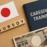 Fotografi realistik berkonsep subsidi pelatihan caregiver di Jepang tahun 2025: uang yen, buku pelatihan, dan bendera Jepang dalam komposisi unik tanpa manusia—visualisasi dukungan pemerintah Jepang bagi pelatihan caregiver asing dengan aksen warna merah yang khas.