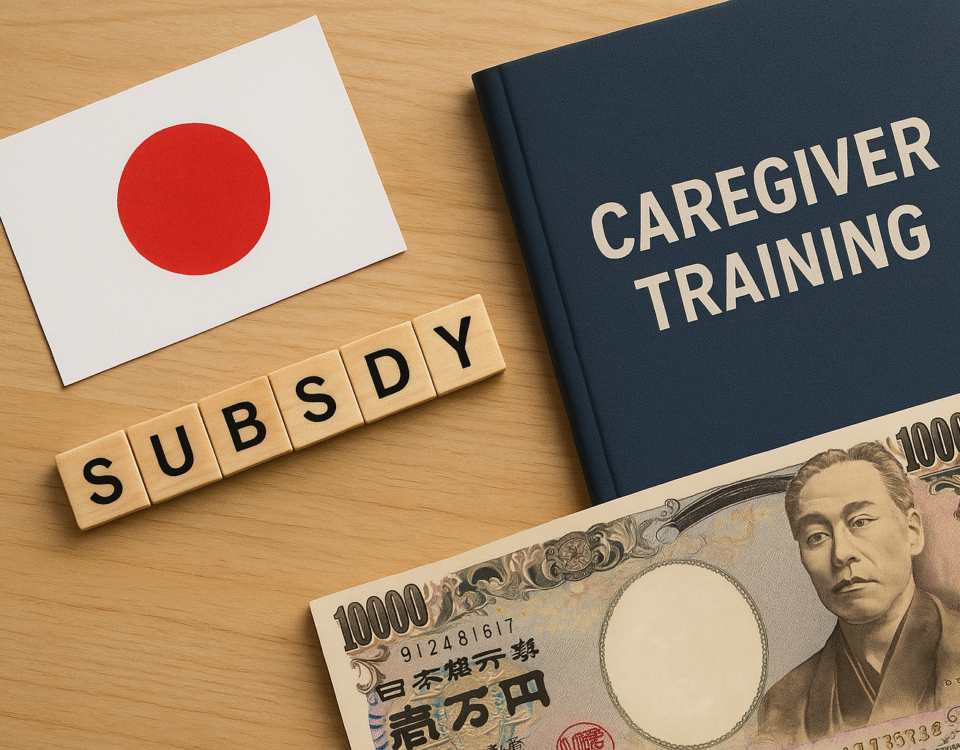 Fotografi realistik berkonsep subsidi pelatihan caregiver di Jepang tahun 2025: uang yen, buku pelatihan, dan bendera Jepang dalam komposisi unik tanpa manusia—visualisasi dukungan pemerintah Jepang bagi pelatihan caregiver asing dengan aksen warna merah yang khas.