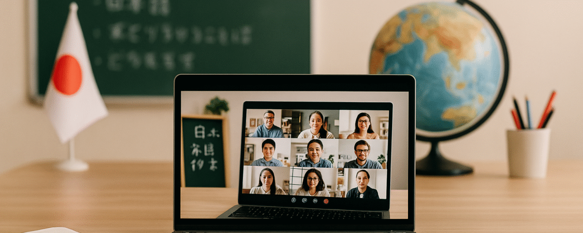 Meja belajar minimalis bergaya Jepang dengan laptop terbuka yang menampilkan kelas hybrid Tokutei Ginou online-offline, papan tulis beraksen bahasa Jepang, bendera Jepang kecil, globe, dan sentuhan warna merah sebagai ilustrasi keuntungan mengikuti kursus hybrid Tokutei Ginou untuk peluang kerja di Jepang.