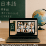 Meja belajar minimalis bergaya Jepang dengan laptop terbuka yang menampilkan kelas hybrid Tokutei Ginou online-offline, papan tulis beraksen bahasa Jepang, bendera Jepang kecil, globe, dan sentuhan warna merah sebagai ilustrasi keuntungan mengikuti kursus hybrid Tokutei Ginou untuk peluang kerja di Jepang.