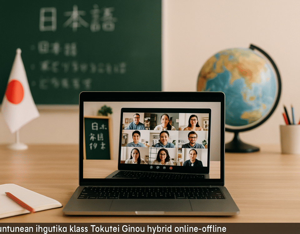 Meja belajar minimalis bergaya Jepang dengan laptop terbuka yang menampilkan kelas hybrid Tokutei Ginou online-offline, papan tulis beraksen bahasa Jepang, bendera Jepang kecil, globe, dan sentuhan warna merah sebagai ilustrasi keuntungan mengikuti kursus hybrid Tokutei Ginou untuk peluang kerja di Jepang.