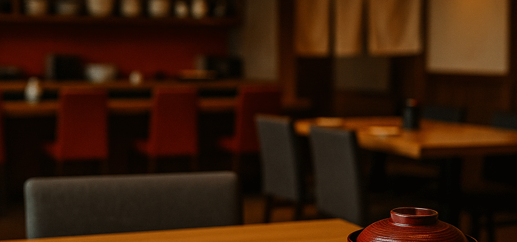 Foto realistik suasana wawancara kerja restoran Jepang: meja kayu dengan dokumen interview, pulpen, sumpit, dan mangkuk sup merah, berlatar interior restoran Jepang elegan bernuansa hangat, tanpa kehadiran manusia. Sentuhan merah pada kursi bar dan mangkuk menambah nuansa khas Jepang.