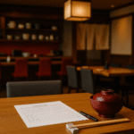 Foto realistik suasana wawancara kerja restoran Jepang: meja kayu dengan dokumen interview, pulpen, sumpit, dan mangkuk sup merah, berlatar interior restoran Jepang elegan bernuansa hangat, tanpa kehadiran manusia. Sentuhan merah pada kursi bar dan mangkuk menambah nuansa khas Jepang.