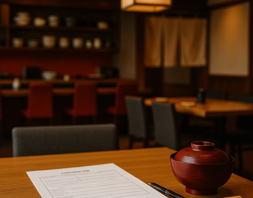 Foto realistik suasana wawancara kerja restoran Jepang: meja kayu dengan dokumen interview, pulpen, sumpit, dan mangkuk sup merah, berlatar interior restoran Jepang elegan bernuansa hangat, tanpa kehadiran manusia. Sentuhan merah pada kursi bar dan mangkuk menambah nuansa khas Jepang.